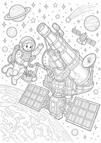 Espacio teleskop satellit es un dibujo de espacio para colorear gratis, con contornos negros claros y detalles fáciles de imprimir para niños. Abre el archivo PNG, imprímelo en A4 y úsalo en casa, en el jardín de infancia o en la escuela.