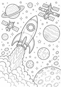 Raketenstart em espaço — página para colorir é uma página gratuita para colorir e imprimir em A4, com contornos pretos nítidos e áreas claras para colorir. Sem cadastro.