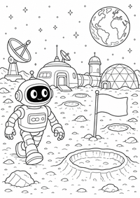 Robot lua base — página para colorir é uma página gratuita para colorir e imprimir em A4, com contornos pretos nítidos e áreas claras para colorir. Sem cadastro.