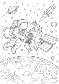 Astronaut satellite — página para colorir é uma página gratuita para colorir e imprimir em A4, com contornos pretos nítidos e áreas claras para colorir. Sem cadastro.