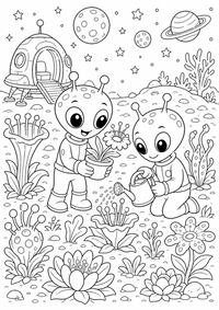 Alien Gartenplanet — página para colorir é uma página gratuita para colorir e imprimir em A4, com contornos pretos nítidos e áreas claras para colorir. Sem cadastro.
