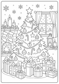Ein festlicher Weihnachtsbaum steht mit Geschenken, Kerzen, Schneeflocken und warmem Fensterblick bereit. Kostenloses Weihnachten Ausmalbild mit klaren Konturen für Kinder.
