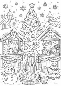 Weihnachtsmarkt Ausmalbild ist ein kostenloses Weihnachten Ausmalbild mit klaren schwarzen Konturen zum Ausdrucken auf A4.