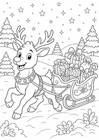 Rentier mit Schlitten ist ein kostenloses Weihnachten Ausmalbild mit klaren schwarzen Konturen zum Ausdrucken auf A4.