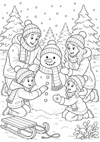 Schneemann Familie ist ein kostenloses Weihnachten Ausmalbild mit klaren schwarzen Konturen zum Ausdrucken auf A4.