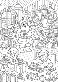 Santa oficina Natal — página para colorir é uma página gratuita para colorir e imprimir em A4, com contornos pretos nítidos e áreas claras para colorir. Sem cadastro.