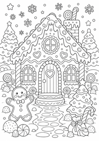 Gingerbread casa Natal — página para colorir é uma página gratuita para colorir e imprimir em A4, com contornos pretos nítidos e áreas claras para colorir. Sem cadastro.