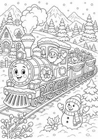 Snowy trem Natal — página para colorir é uma página gratuita para colorir e imprimir em A4, com contornos pretos nítidos e áreas claras para colorir. Sem cadastro.