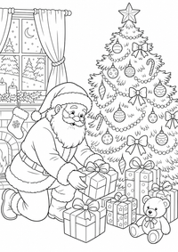: Weihnachtsmann am Baum — página para colorir é uma página gratuita para colorir e imprimir em A4, com contornos pretos nítidos e áreas claras para colorir. Sem cadastro.