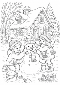 Snowman em em frente of o hut — página para colorir é uma página gratuita para colorir e imprimir em A4, com contornos pretos nítidos e áreas claras para colorir. Sem cadastro.
