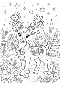 Weihnachtsrentier im Schnee ist ein kostenloses A4-Ausmalbild mit klaren schwarzen Konturen zum Ausdrucken.