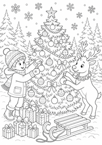 Kind und Rentier schmücken Weihnachtsbaum ist ein kostenloses A4-Ausmalbild mit klaren schwarzen Konturen zum Ausdrucken.