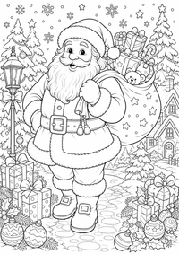 Ein Weihnachtsmann Motiv mit Geschenkesack, Sternen, Tannen und großen Flächen für Kinder. Kostenloses Ausmalbild zum Ausdrucken als druckbare PNG-Datei für A4.