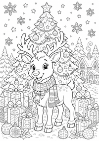Ein Rentier steht vor einem Weihnachtsbaum mit Geschenken, Sternen und klaren Linien zum Ausdrucken. Kostenloses Ausmalbild zum Ausdrucken als druckbare PNG-Datei für A4.