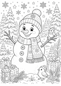 Ein fröhlicher Schneemann steht im Winterwald mit Tannen, Schneeflocken, Geschenken und Laterne. Kostenloses Weihnachten Ausmalbild zum Ausdrucken als hochwertige PNG-Datei für A4.