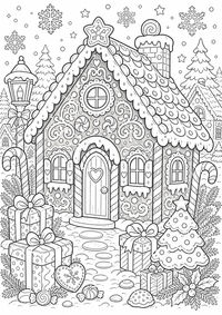 Ein Lebkuchenhaus mit Zuckerstangen, Geschenken, Schnee und weihnachtlichen Details als druckbare Malvorlage. Kostenloses Weihnachten Ausmalbild zum Ausdrucken als hochwertige PNG-Datei für A4.