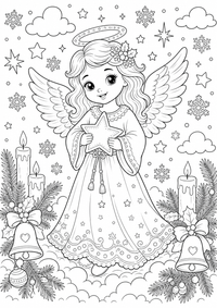 Ein freundlicher Weihnachtsengel hält einen Stern zwischen Schneeflocken, Zweigen, Glocken und Wolken. Kostenloses Weihnachten Ausmalbild zum Ausdrucken als hochwertige PNG-Datei für A4.