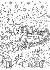 Ein festlicher Weihnachtszug fährt durch den Winterwald mit Geschenken, Schneemann, Tannen, Sternen und Schneeflocken. Kostenloses Weihnachten Ausmalbild zum Ausdrucken als hochwertige PNG-Datei für A4.