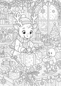 Rentier hilft in der Weihnachtswerkstatt beim Packen von Geschenken mit Schleifen und Ornamenten. Kostenloses Weihnachten Ausmalbild zum Ausdrucken als hochwertige A4 PNG Malvorlage.