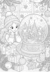 Weihnachtliche Schneekugel mit Winterdorf, Geschenken, Kerzen, Sternen und Schneeflocken. Kostenloses Weihnachten Ausmalbild zum Ausdrucken als hochwertige A4 PNG Malvorlage.