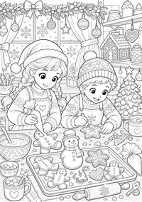 Kinder dekorieren Lebkuchen in einer Weihnachtsbäckerei mit Plätzchen, Baum und Fenster. Kostenloses Weihnachten Ausmalbild zum Ausdrucken als hochwertige A4 PNG Malvorlage.