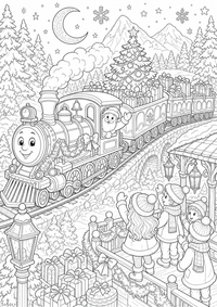 Weihnachtszug fährt durch den Winterwald mit Geschenken, Tannen, Brücke und Schnee. Kostenloses Weihnachten Ausmalbild zum Ausdrucken als hochwertige A4 PNG Malvorlage.