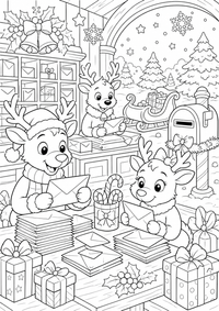 Ein Rentier sortiert Geschenke und Briefe in einem gemütlichen Weihnachts-Postamt. Kostenloses Weihnachten Ausmalbild mit klaren Konturen als druckbare PNG-Datei für A4.