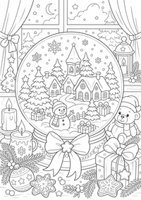 Eine grosse Schneekugel zeigt ein Weihnachtsdorf mit Häusern, Tannen, Schneemann und Geschenken. Kostenloses Weihnachten Ausmalbild mit klaren Konturen als druckbare PNG-Datei für A4.