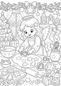 Ein Weihnachtsengel backt Plätzchen mit Sternen, Förmchen, Girlanden und Winterfenster. Kostenloses Weihnachten Ausmalbild mit klaren Konturen als druckbare PNG-Datei für A4.