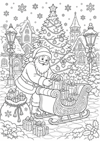 Santa em Natal Village — página para colorir é uma página gratuita para colorir e imprimir em A4, com contornos pretos nítidos e áreas claras para colorir. Sem cadastro.