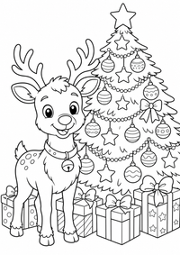 Reindeer em em frente Of Natal árvore — página para colorir é uma página gratuita para colorir e imprimir em A4, com contornos pretos nítidos e áreas claras para colorir. Sem cadastro.