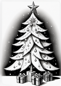 Ein klassisches Bild mit einem festlich geschmückten Weihnachtsbaum, darunter Geschenke in buntem Geschenkpapier.