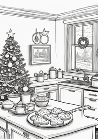 Eine gemütliche Küchenszene, in der Familie und Freunde zusammenkommen, um köstliche Weihnachtsplätzchen zu backen. Festliche Ausstechformen und Verzierungen.